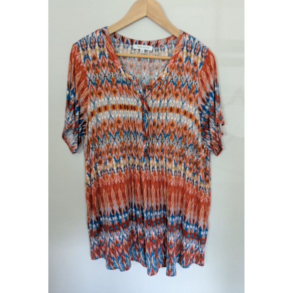 Rose + Olive SZ 1X Sunset Western Desert Watercolor Short Sleeve V-Neck Button